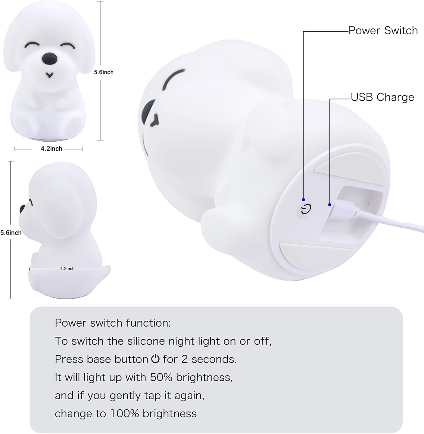Adorable Portable Dog Night Light for Kids - Touch Control, Color Changing, Rechargeable & Battery Operated!